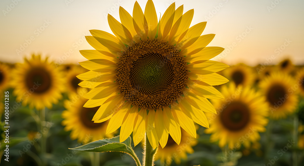 Fototapeta premium Sunflower Field at Sunset: Vibrant Yellow Flowers Against Golden Sky high quality
