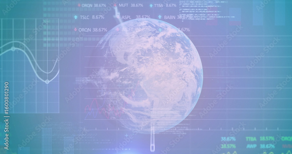 Obraz premium Floating holographic Earth sphere rotating on digital dashboard, showing line chart, bar graph data