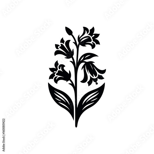 Elegant black and white illustration of a delicate bellflower stem with blossoms and leaves