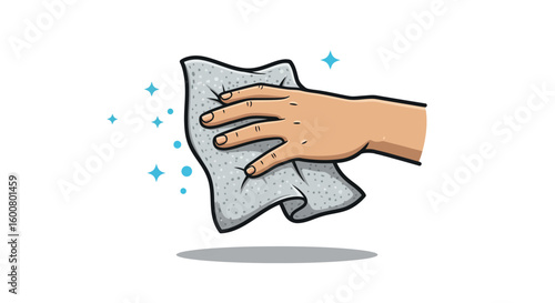 Clean hand wiping surface with cloth in cartoon style
