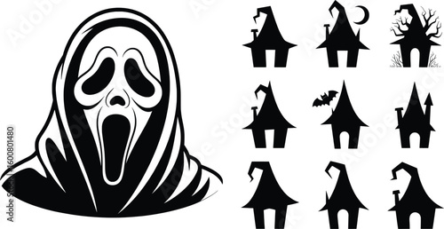 Terrifying ghost face and spooky haunted houses collection halloween scream