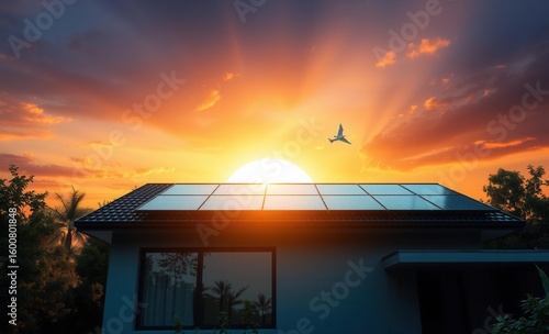Modern house with solar panels on roof against vibrant sunset promoting sustainable energy and eco-friendly living Vibrant Rim Light technology vibrant background colorful modern