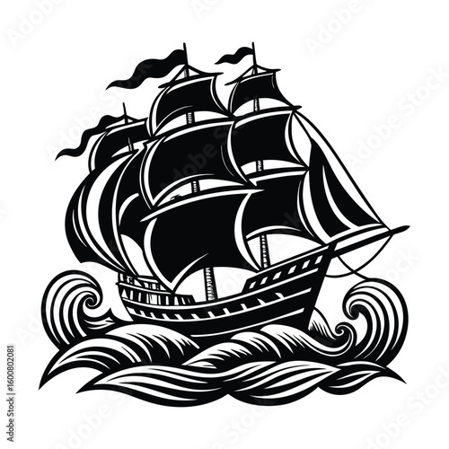 Vintage Black Sailboat Ocean Waves Nautical Art