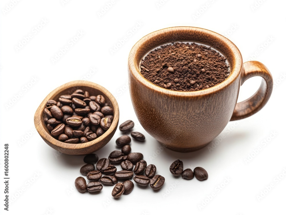 Obraz premium Coffee grounds in a wooden mug with coffee beans