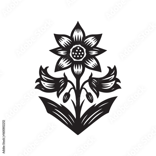 Elegant black and white linocut illustration of a blooming flower with surrounding buds and leaves