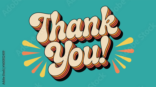 Retro “Thank You” Text Illustration — Cream-Colored Typography with Shadow Effects and Radiating Rays on Teal Background in Vintage Style