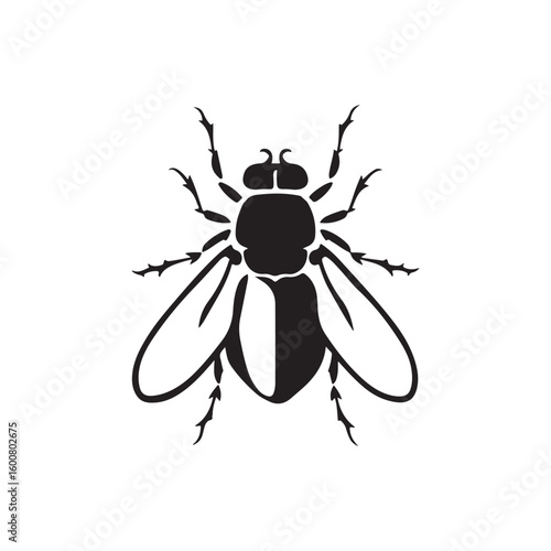 Stylized black silhouette of a fly insect with detailed wings and body on white background