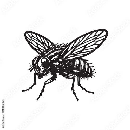 Detailed black and white illustration of a common housefly insect with intricate wing patterns and hairy body