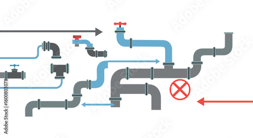 Plumbing system diagram with arrows and pipe connections