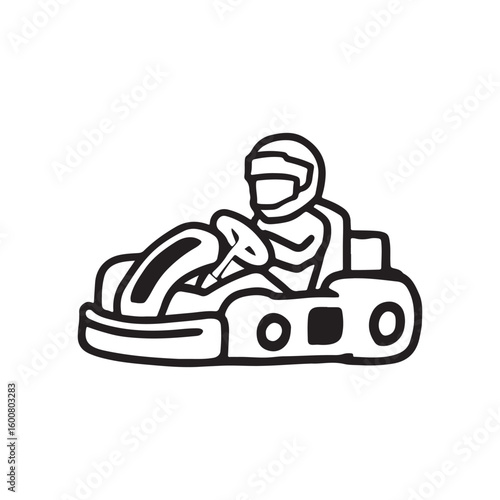 Simple hand drawn outline illustration of a go kart racer wearing a helmet driving fast