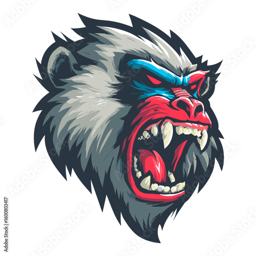 Colorful and fierce baboon illustration showcasing vibrant features and strong expression