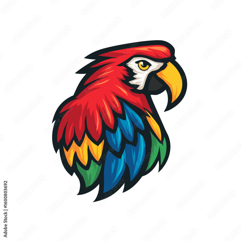 Fototapeta premium Colorful parrot head illustration showcasing vibrant feathers and unique design style