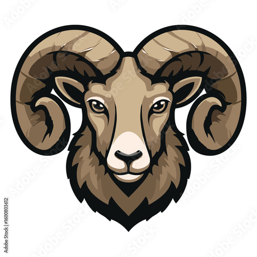 Wild ram head with prominent horns set against a simple background, showcasing strong features and fierce expression in a stylized design