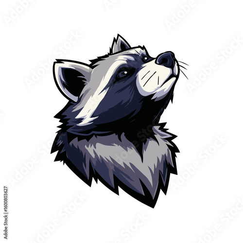 Raccoon head illustration with detailed features and a stylized design in a minimalistic composition