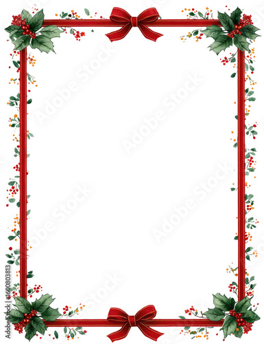 Christmas frame with red ribbon and holly