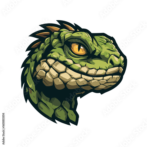 Lizard head illustration with intricate patterns and vibrant colors depicting a mythical creature in a fantasy style