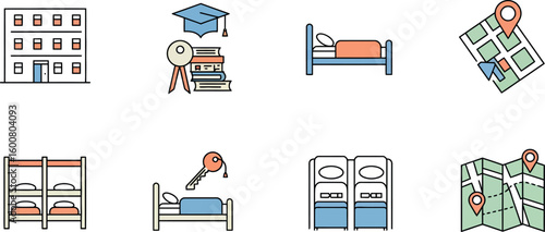 Education and accommodation icons: dormitory, books, graduation, maps, beds, keys