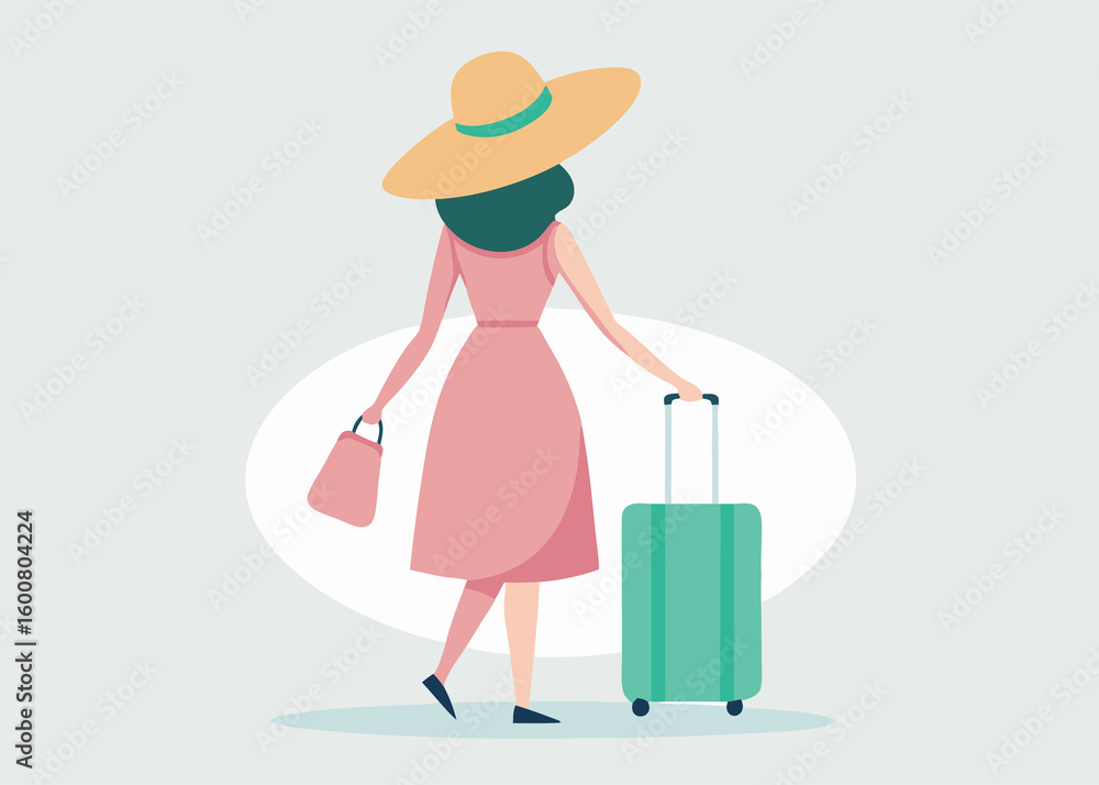 Fototapeta premium Woman with Suitcase and Bag on Trip on white background