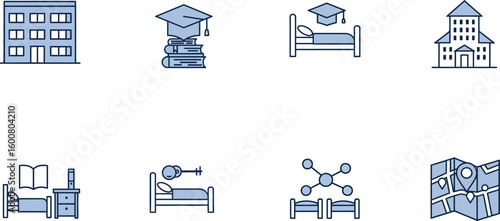 Education and dormitory icons set in linear style