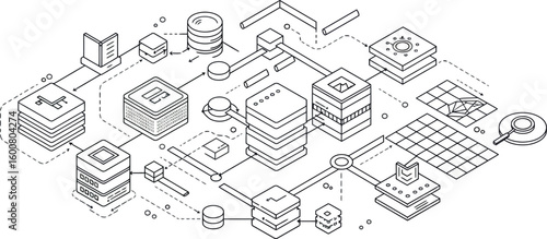 Futuristic isometric blockchain network in linear style