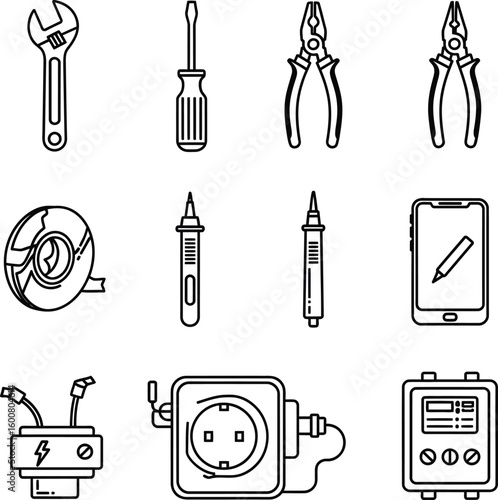 Electrical Tools Line Icon Set - Repair and Maintenance Equipment