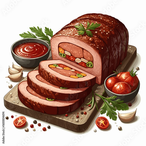 meatloaf, appetizing, sliced, decorated with vegetables, on a wooden board
