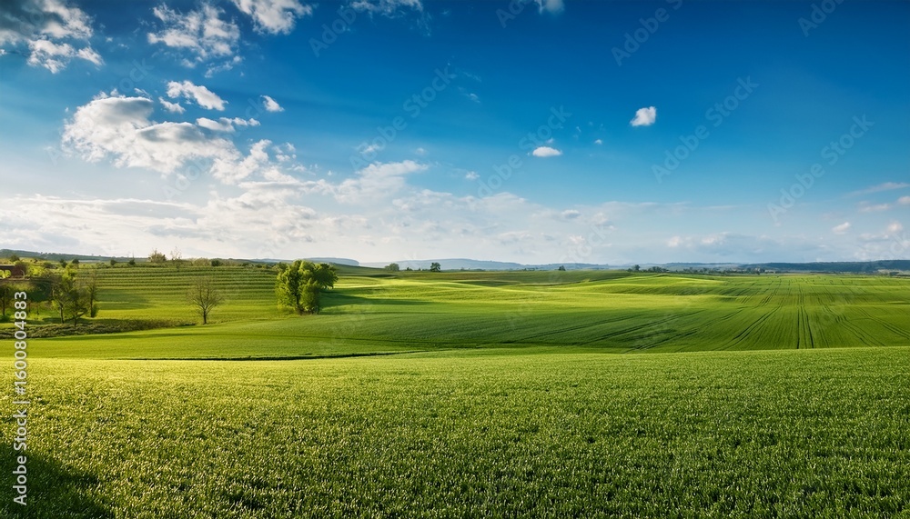 Obraz premium an expansive agricultural farm landscape with green fields and a clear blue sky agricultural scene natural beauty style