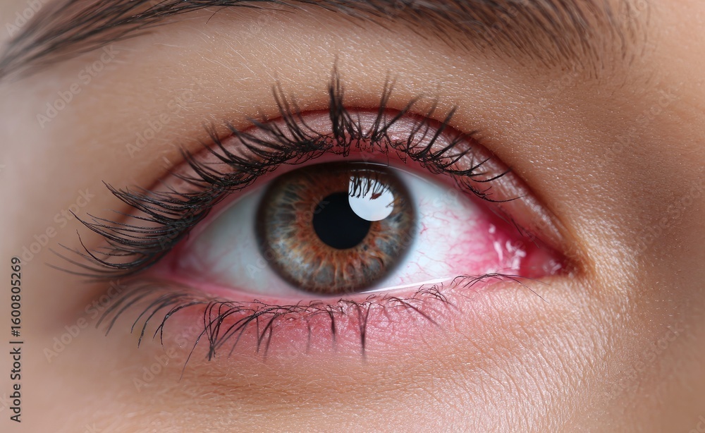Obraz premium Close-up of redness in the eye, including the eyelid with pink and red color on the white skin near the cornea