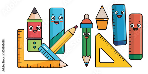 Flat Cartoon School Stationery Icons – Pencil, Pen, Ruler & Sharpener