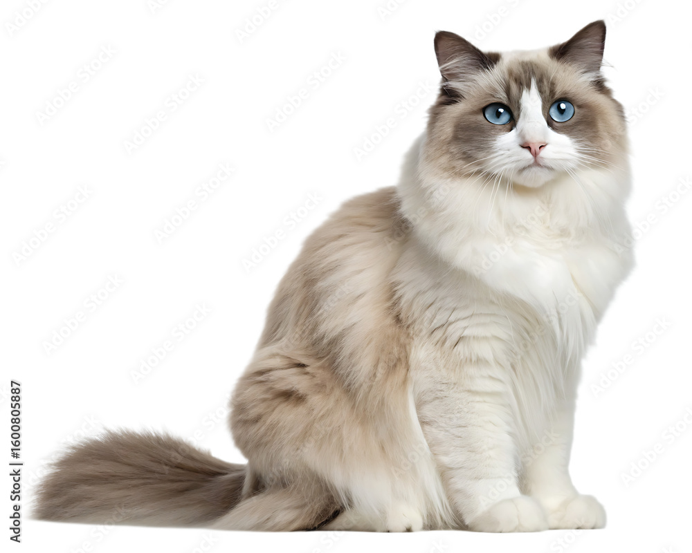 Obraz premium A ragdoll cat with blue eyes sitting upright and looking forward against a black background isolated