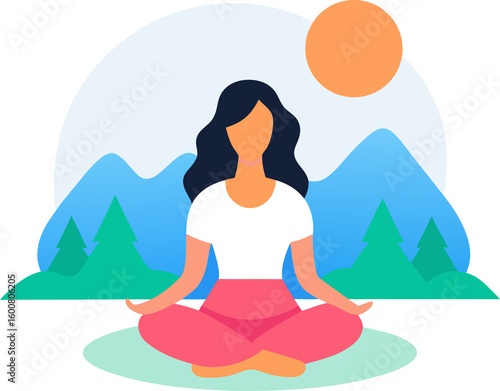Wallpaper Mural Woman Meditating in Nature with Mountains and Sun Flat Vector Illustration for Wellness and Mindfulness on white background Torontodigital.ca