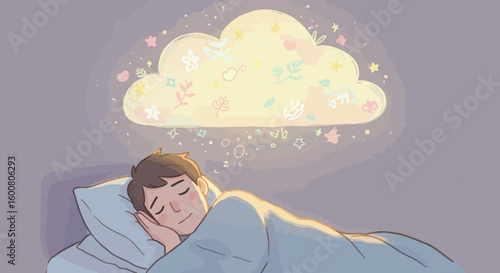 Dreaming child with imagination cloud of fantasy symbols in pastel colors