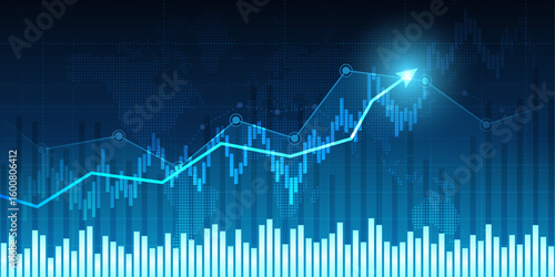 Abstract financial graph with uptrend line and arrows in stock market on blue color background