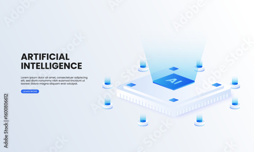 Artificial intelligence chip isometric vector illustration. chip machine technology, computer electronics and AI systems landing page template.