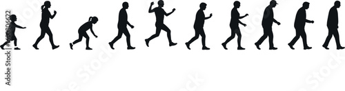 Human lifecycle progression silhouette from childhood innocence to active adulthood and graceful senior years, depicting growth, aging, and the journey of life's stages.