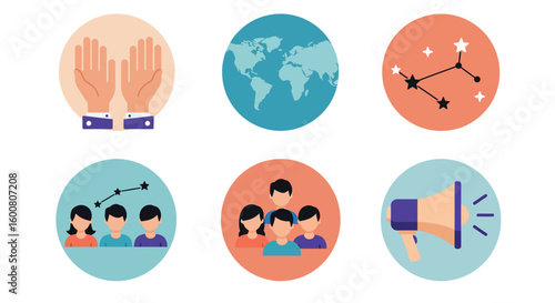 Diverse concepts in flat style: hands, world map, constellations, families, megaphone