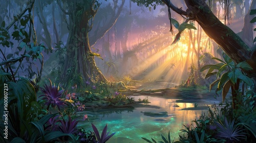 Pixel Art Lush Forest Scene With Sunlight