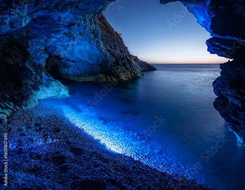 bioluminescent ocean glow illuminates mysterious coastal cave with ethereal blue light during nighttime tide flow in remote rocky shoreline landscape by the sea