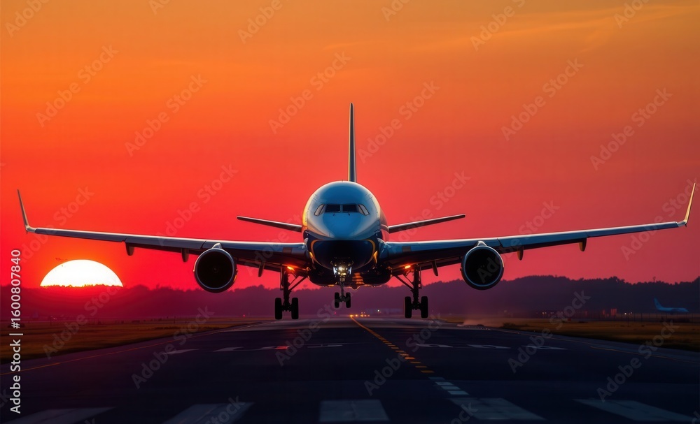 Naklejka premium Massive jetliner gracefully lands on vibrant sunset runway Vibrant Rim Light technology vibrant background colorful modern