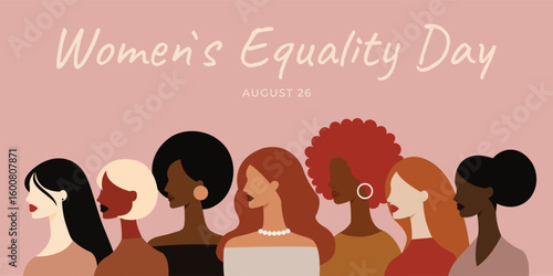 Womens Equality Day Banner with Diverse Female Silhouettes Vector Illustration.