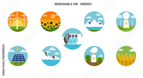 A diverse collection of flat design icons illustrating different renewable energy sources like solar, wind, and hydro power.
