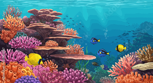 Whimsical Underwater Coral Reef Scene with Diverse Colorful Fish Species and Vibrant Marine Life Illustration