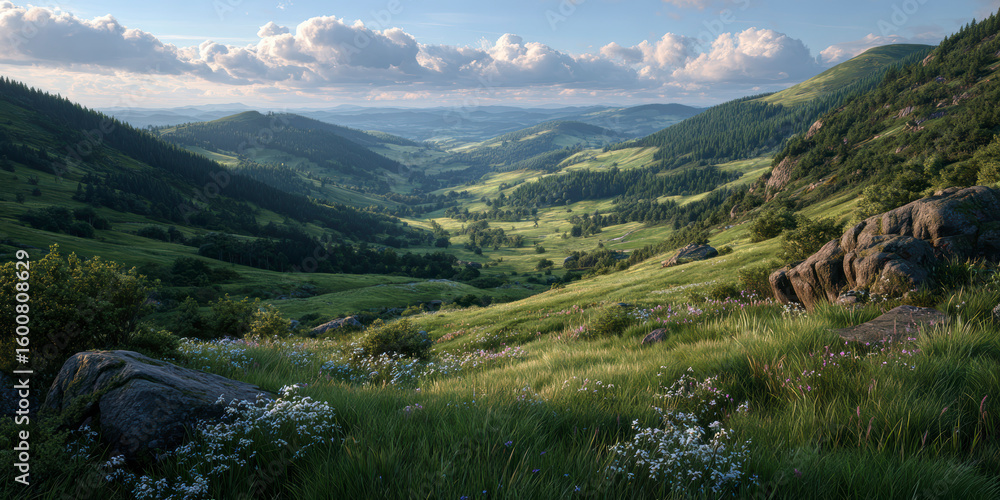 Fototapeta premium Verdant valley viewed from a hillside, dotted with wildflowers and framed by lush green hills under a vast, serene sky.