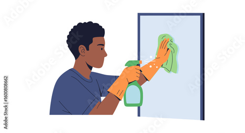 Detailed illustration of a person cleaning a mirror surface with spray and cloth portraying hygiene routine and household management