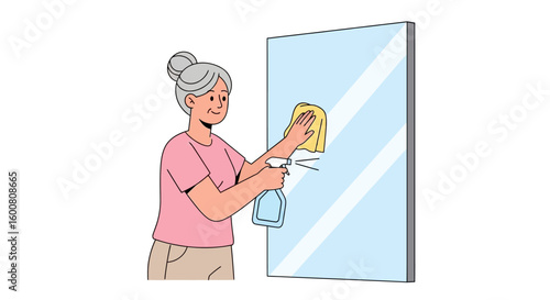 Illustration of an elderly woman thoroughly cleaning a large mirror with spray and cloth for spotless reflection, showcasing home hygiene and care