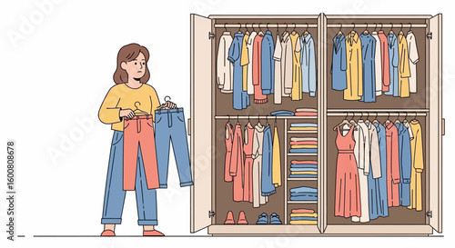 Woman pondering clothing choices from a diverse collection within a packed wardrobe showcasing various garments and accessories for fashion decisions