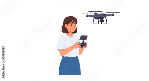 Modern woman operating drone technology with remote control for aerial exploration, representing future hobby and advancement in personal gadgets