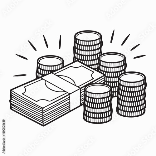 Stacked coins and banknotes with radiating lines money cash