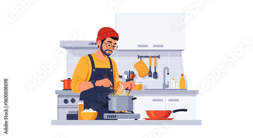 Man preparing pasta in a minimalist kitchen with a focus on simple living and culinary passion through cooking, showcasing a domestic scene in
