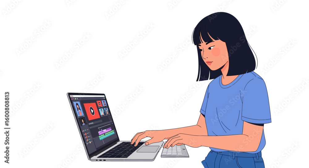 A young woman is working on a laptop editing a video, she looks focused on the task at hand and is wearing a blue shirt and the background is a A young woman is working on a laptop editing a video, she looks focused on the task at hand and is wearing a blue shirt and the background is a